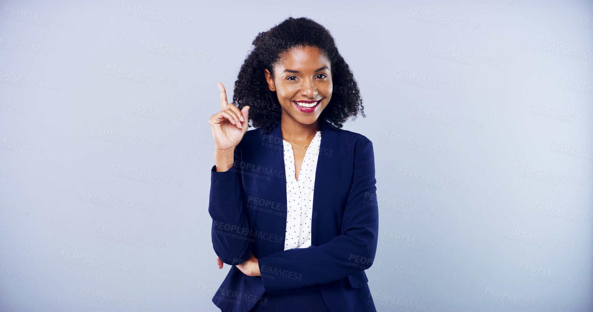 Buy stock photo Portrait, pointing up and business woman with space in studio for approval on gray background. Announcement, accountant and African model with promotion, support or agreement for career choice mockup