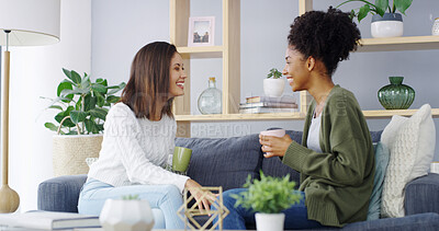 Buy stock photo Smile, coffee and relax with friends on sofa for bonding, women and social reunion. Happy, caffeine and drink with people talking in living room at home for chat, news and connection together