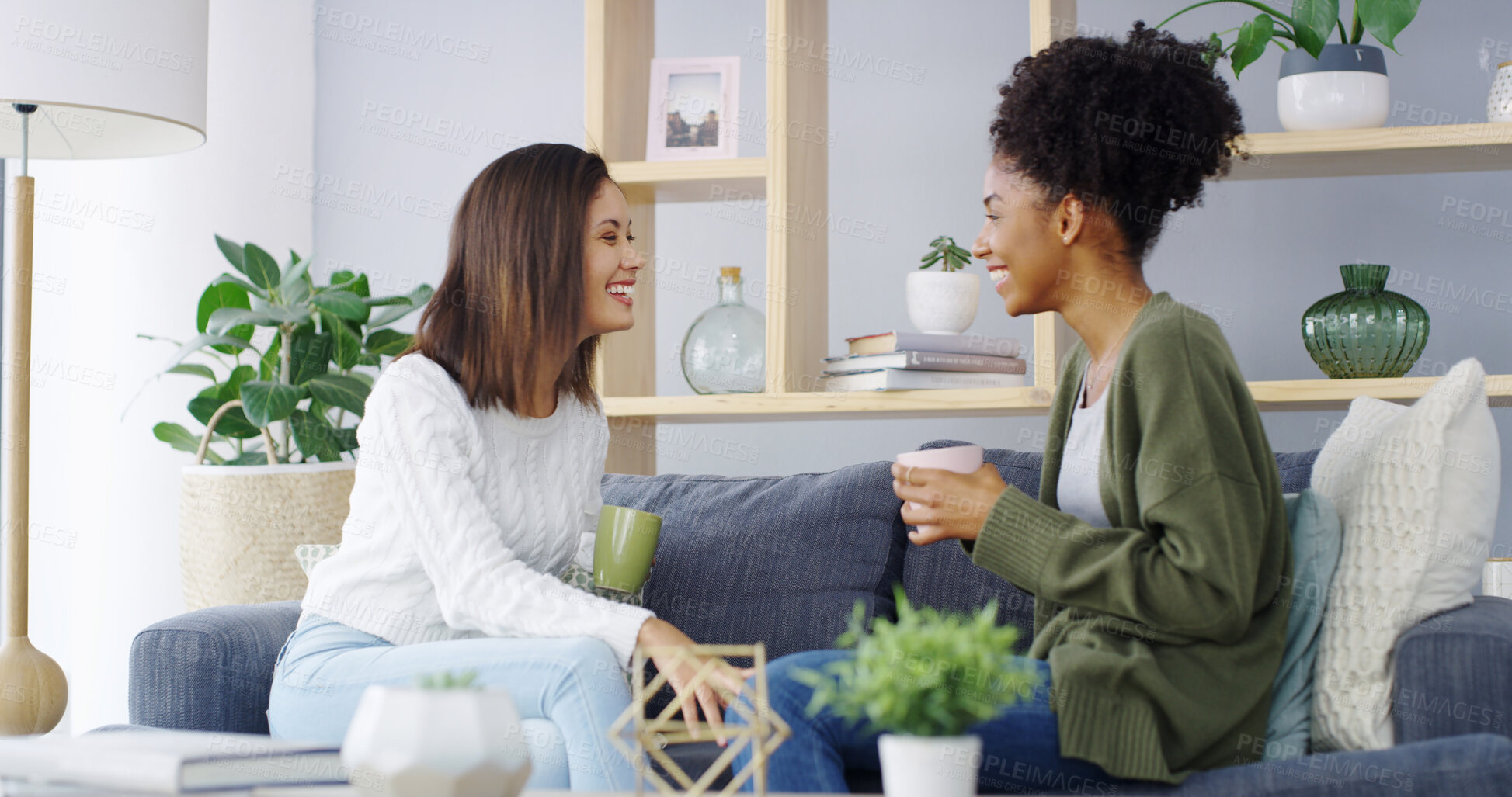 Buy stock photo Smile, coffee and relax with friends on sofa for bonding, women and social reunion. Happy, caffeine and drink with people talking in living room at home for chat, news and connection together