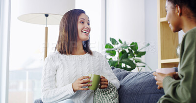 Buy stock photo Laugh, coffee and relax with friends on sofa for bonding, women and social reunion. Happy, caffeine and drink with people talking in living room at home for chat, news and connection together