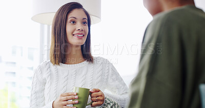 Buy stock photo Gossip, coffee and relax with friends on sofa for bonding, women and social reunion. Happy, caffeine and drink with people talking in living room at home for chat, news and connection together