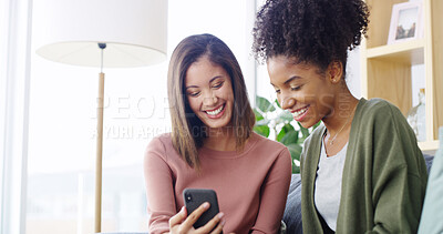 Buy stock photo Home, friends and laughing with smartphone for social media, funny video and bonding together on sofa. House, happy people and women with mobile for meme application, joke reel and relax with gossip