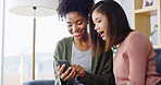 Friends, phone and women with surprise in home for social media gossip, news or show online post. Mobile, happy girls and relax together in living room for communication, talking or shock on internet