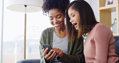 Buy stock photo Friends, phone and women with surprise in home for social media gossip, news or show online post. Mobile, happy girls and relax together in living room for communication, talking or shock on internet