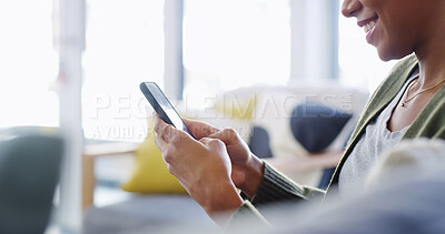 Buy stock photo Happy, hands and typing with phone on sofa for text message notification, dating site and online scroll. Connection, person and smartphone in home for streaming service, app download or internet news
