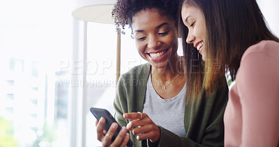 Buy stock photo Sofa, friends and laughing with mobile for social media, funny video and bonding together at home. House, happy people and women with smartphone for meme application, scroll reel or relax with gossip