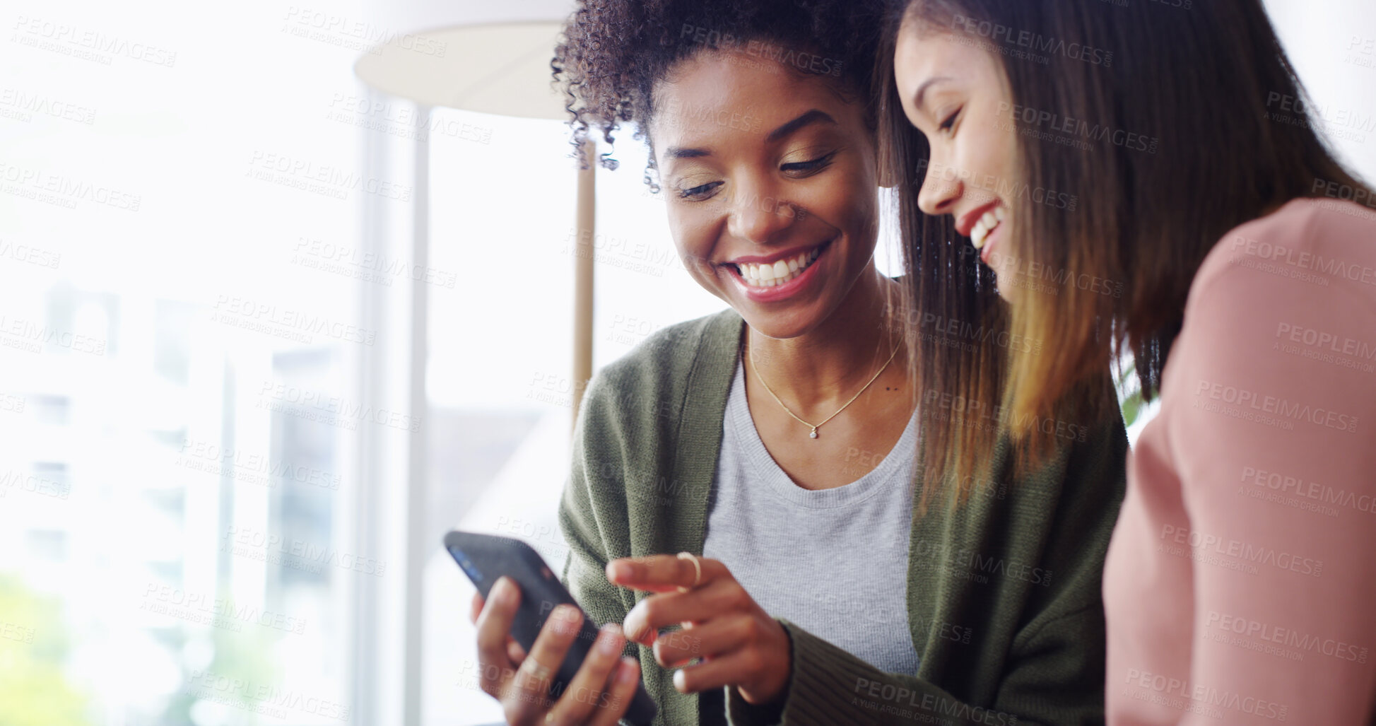 Buy stock photo Sofa, friends and laughing with mobile for social media, funny video and bonding together at home. House, happy people and women with smartphone for meme application, scroll reel or relax with gossip