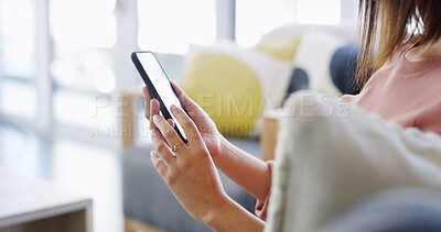 Buy stock photo Woman, hands or scroll with phone on sofa for text message notification, dating site or online search. Connection, person or smartphone in home for social media, app download or internet subscription