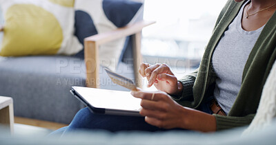 Buy stock photo Sofa, hands and tablet with credit card for online shopping, payment and information on banking app. Home, person and connection with technology for debit details, ecommerce and digital subscription 