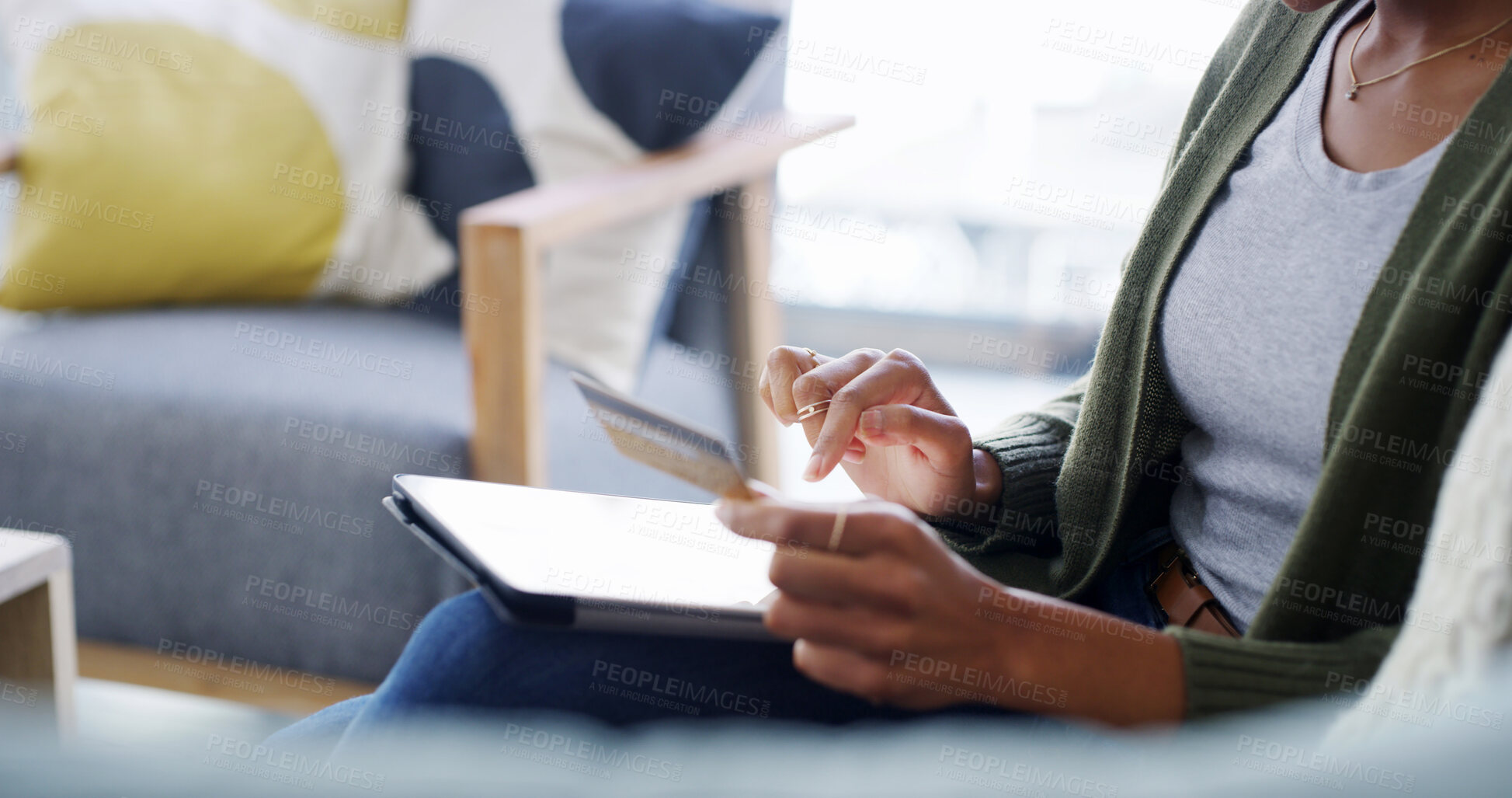 Buy stock photo Sofa, hands and tablet with credit card for online shopping, payment and information on banking app. Home, person and connection with technology for debit details, ecommerce and digital subscription 