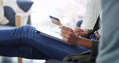 Buy stock photo Home, hands and tablet with credit card for online shopping, payment and information on banking app. Sofa, person and connection with technology for debit details, ecommerce and digital subscription