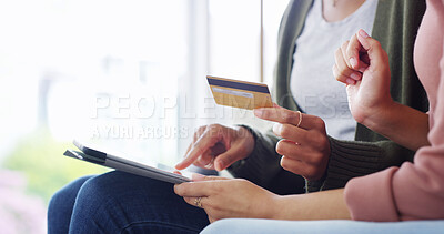 Buy stock photo Hands, people and tablet with credit card for ecommerce, payment and information on banking app. Friends, sofa and connection with tech for debit details, online shopping and web subscription at home