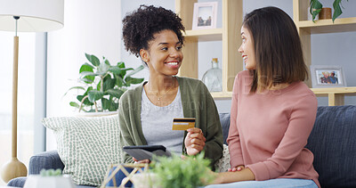 Buy stock photo Sofa, friends and tablet with credit card for online shopping, payment and information on banking app. People, women and discussion with tech for debit details, ecommerce and web subscription at home