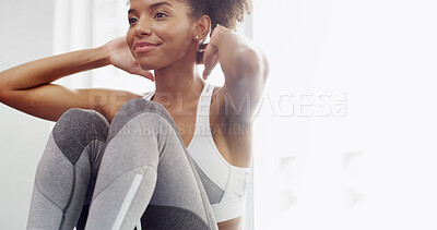 Buy stock photo Fitness, woman and sit ups exercise in home for core strength, stomach toning and healthy body. Space, happy person and abdominal workout for athletic performance, muscle training or wellness routine