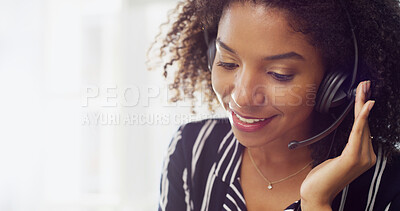 Buy stock photo Business, woman and smile with headset at call centre for customer support, lead generation and sales agent. African person, about us and consultation services, space and procedure with faq solution