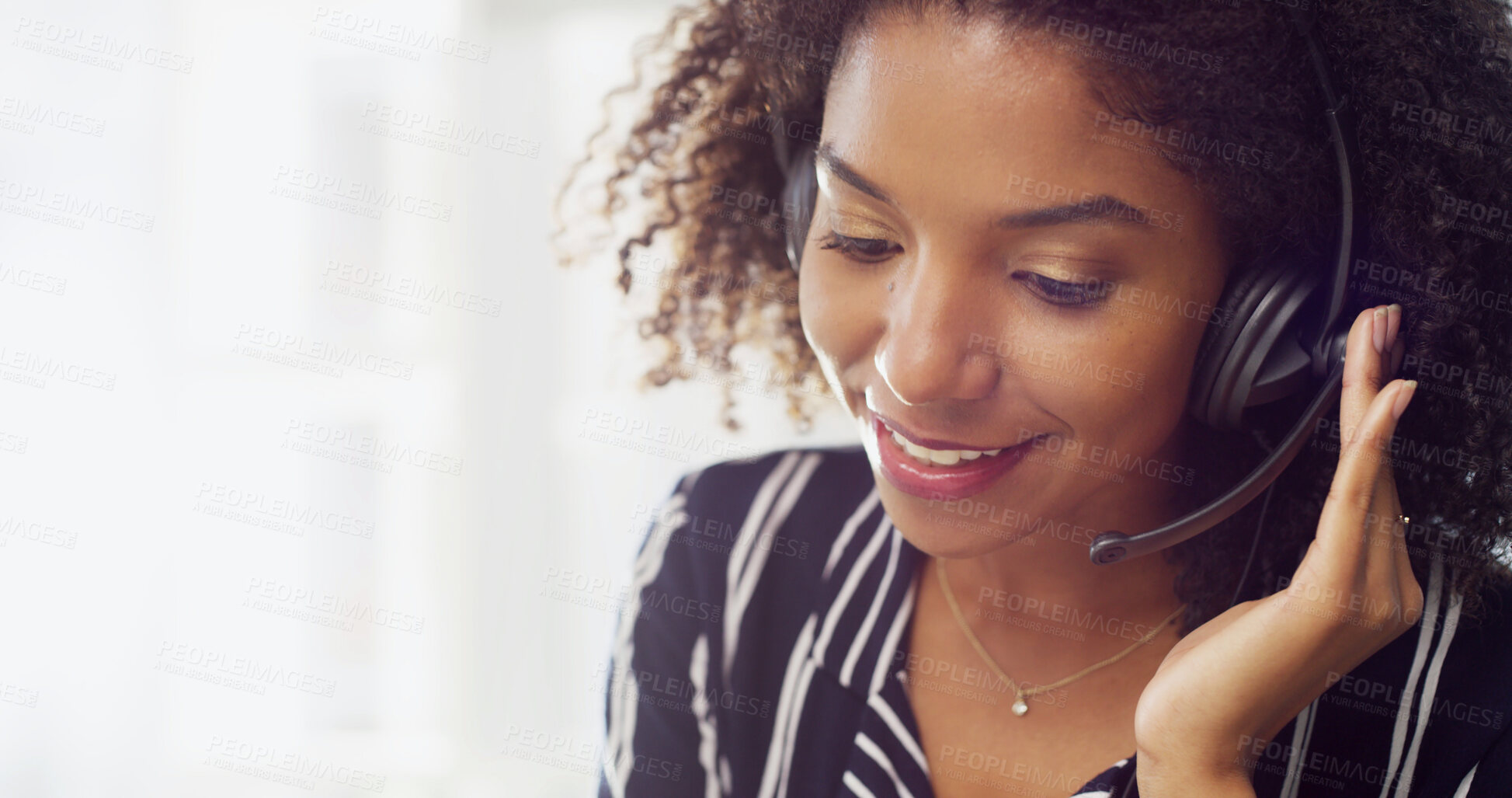 Buy stock photo Business, woman and smile with headset at call centre for customer support, lead generation and sales agent. African person, about us and consultation services, space and procedure with faq solution