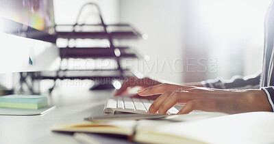Buy stock photo Hands, woman and typing on computer in office for administration, research and email feedback. Person, keyboard and online for communication, schedule update and financial report with proposal notes