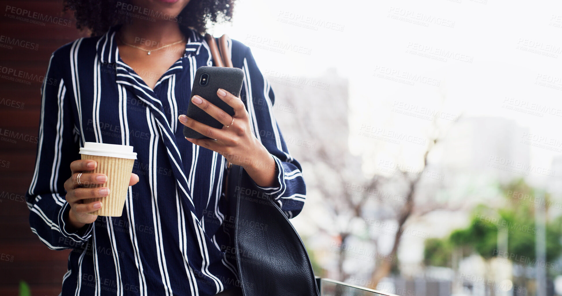 Buy stock photo Hands, business and woman with phone in city for communication, reading chats and morning commute. Person, typing and takeaway drink with mobile, travel search and email feedback for negotiation news