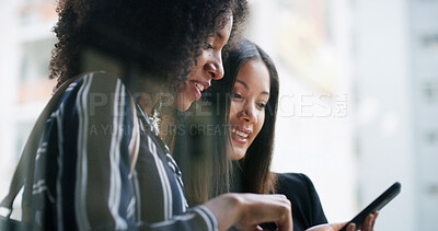 Buy stock photo Happy, women and friends with phone in city for communication, reading chats and social media. Smile, people and browsing mobile for travel search, feedback notification and online blog in urban town