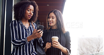 Buy stock photo Business, women and friends with phone in city for communication, reading chats or morning commute. Happy, people and showing mobile for schedule update, email feedback and negotiation report in town