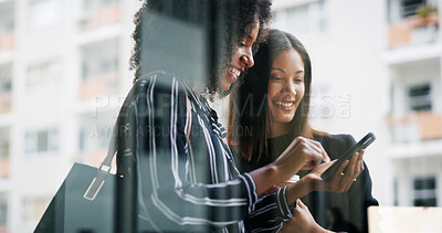 Buy stock photo Smile, women and friends with phone in city for communication, reading chats and browsing social media. Happy, people and mobile for travel search, feedback notification and online blog in urban town