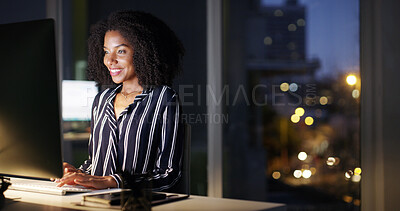 Buy stock photo Computer, night and business with black woman typing press release for media, public relations or deadline. Creative, startup or happy worker on technology for email, planning event or office project