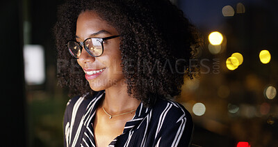 Buy stock photo Night, computer and woman with glasses, office and journalist with ideas for deadline or creative. Thinking, reporter and black person with eyewear in business, smile and working late for article