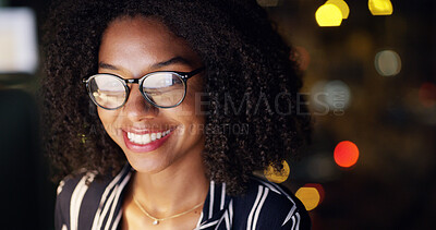 Buy stock photo Business, glasses and woman with reading at night for article research, publication deadline and news story. Reflection, journalist and happy in office with blog planning, creative process and bokeh