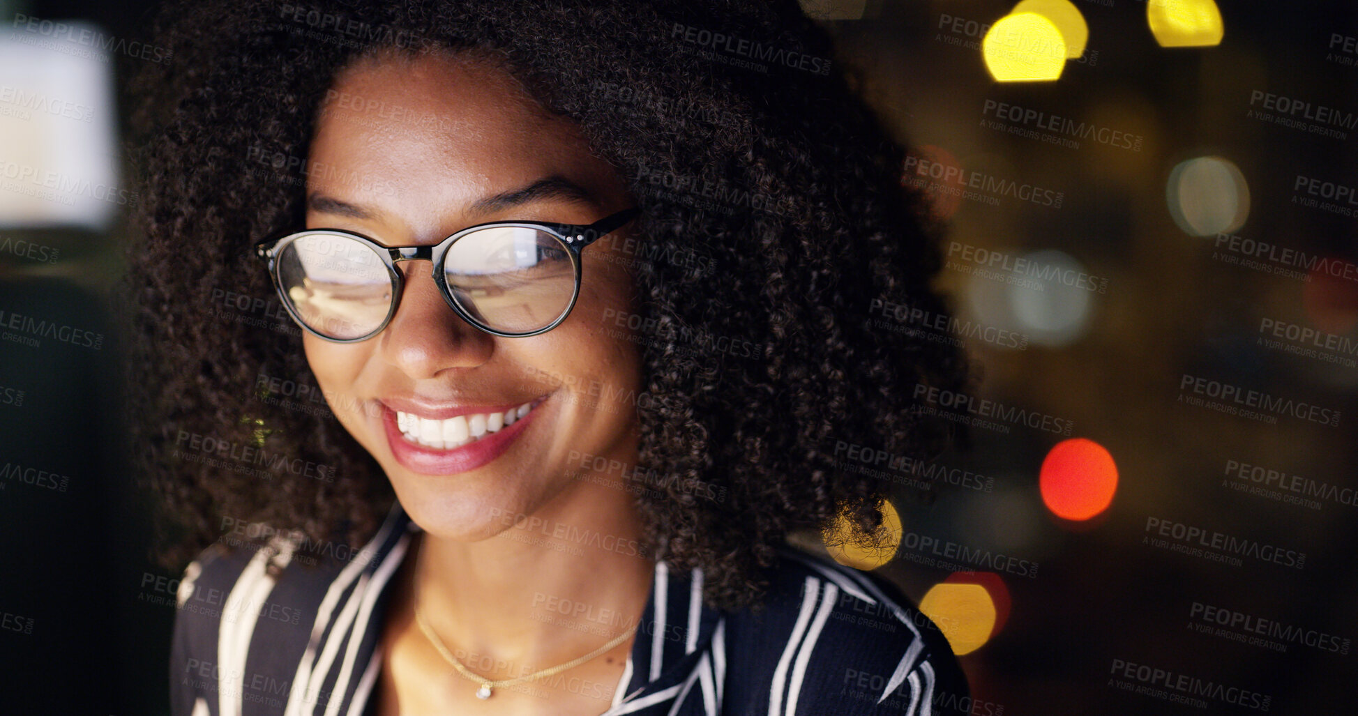 Buy stock photo Business, glasses and woman with reading at night for article research, publication deadline and news story. Reflection, journalist and happy in office with blog planning, creative process and bokeh
