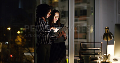 Buy stock photo Night, business people and women with tablet in office, research information and deadline for news. Working late, teamwork and journalists with digital for article post, newsletter and proofreading