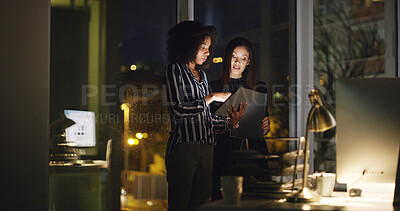 Buy stock photo Office, business people and women with tablet at night, research information and deadline for news. Working late, teamwork and journalists with digital for article post, newsletter and proofreading