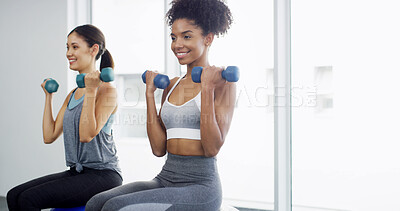 Buy stock photo Exercise, dumbbells and women in gym, friends and workout with challenge, smile and wellness. People, equipment and support with training, confidence and pride with routine, space and fitness