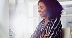 Thinking, business and woman in office, computer and planning with email for approval. Journalist, copywriting and employee in workplace, pc and online reading with editor for magazine and smile