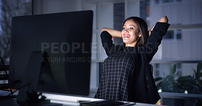 Buy stock photo Woman, office and happy with relief with computer at night, deadline and relax with results at startup. Person, smile and excited by pc, report and complete task with stretching at creative agency
