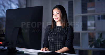 Buy stock photo Computer, night and business woman in office for public relations, deadline or editing press release for media. Creative, startup and worker on technology for reading email, planning event or project