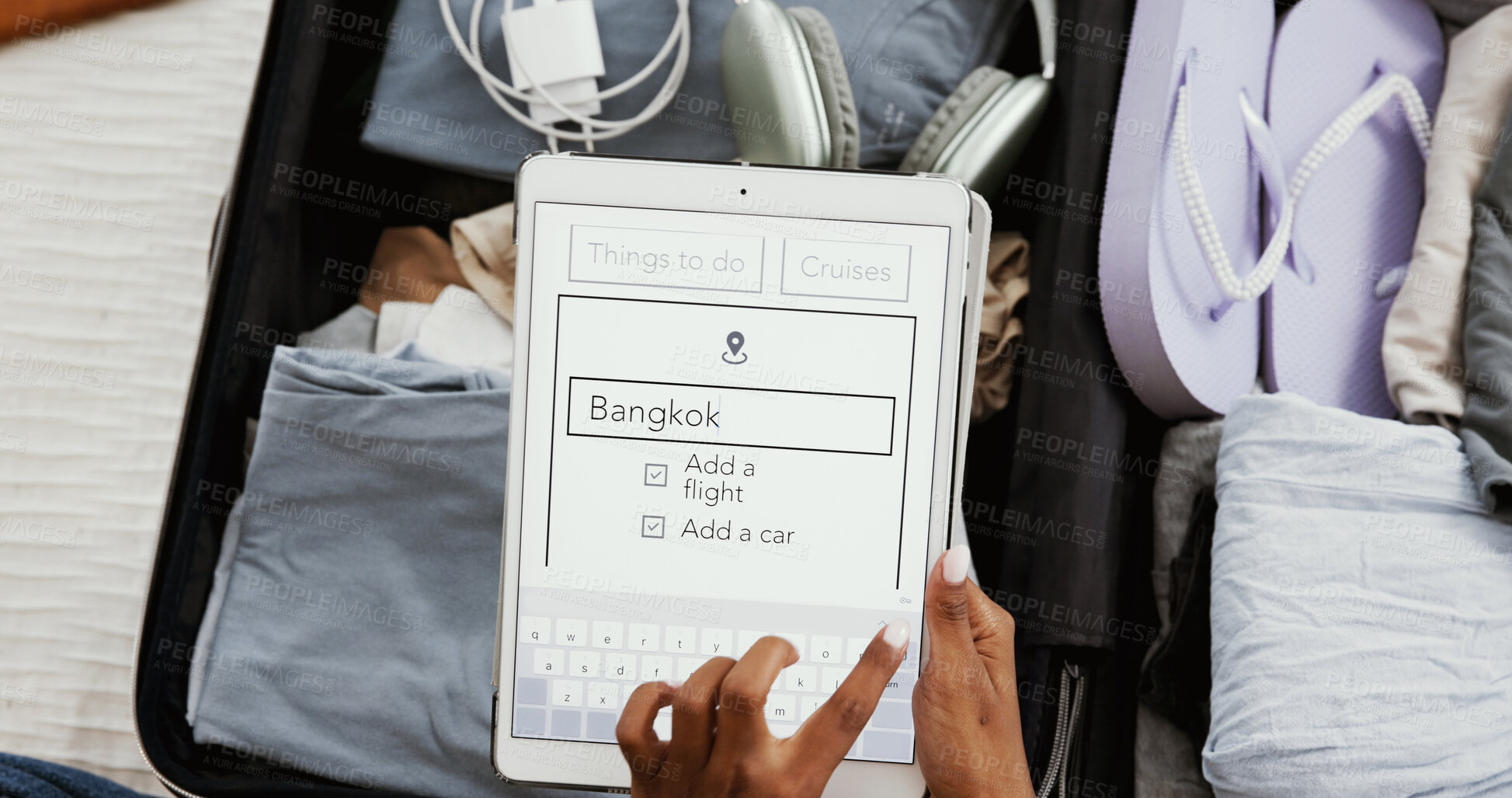 Buy stock photo Luggage, tablet screen and schedule with hands of woman at home for app, ui and Bangkok destination. Flight, suitcase and above with person and search for departure, passport and travel booking