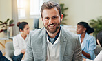 Smile, business man or portrait of insurance agent, risk advisor or claims specialist in office. Face, professional or happy corporate worker, coverage consultant or confident policy broker coworking