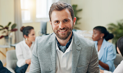 Buy stock photo Smile, business man or portrait of insurance agent, risk advisor or claims specialist in office. Face, professional or happy corporate worker, coverage consultant or confident policy broker coworking