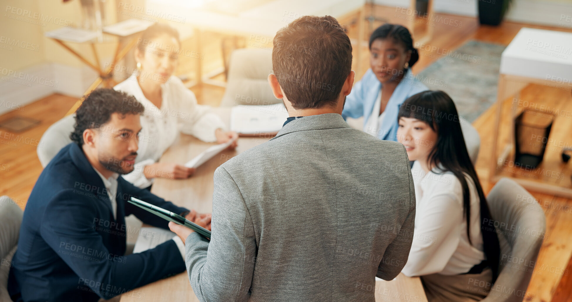 Buy stock photo Office, meeting and back of manager with business people for planning, project discussion and teamwork. Corporate, professional and men and women in presentation for proposal, feedback and review 