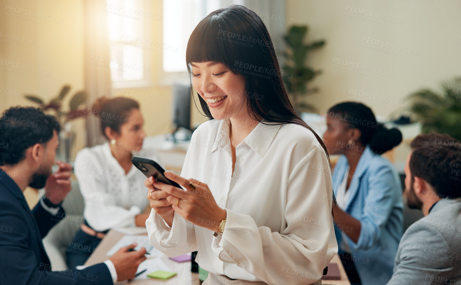 Buy stock photo News, happy or businesswoman in office with phone or online connection for economy media or finance report. Smile, check or financial advisor with mobile app for text message, scheduling or update