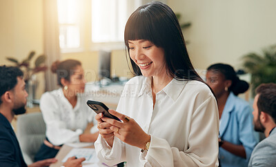Buy stock photo Accountant, happy or businesswoman in office with phone or notification for economy media or finance report. Smile, online or financial advisor on mobile app for text message, schedule and update