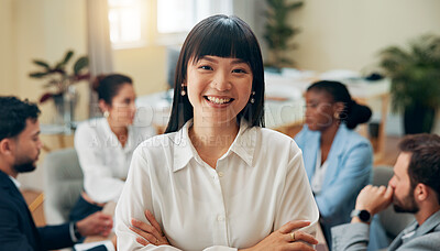 Buy stock photo Portrait, people and woman with arms crossed, meeting and planning for entrepreneurship. Face, business coaching and manager with employees, smile and confidence for company culture or opportunity