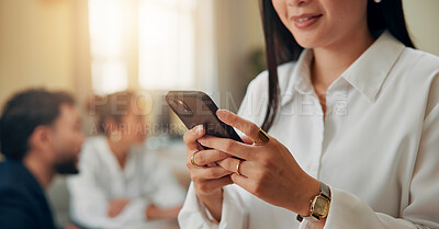 Buy stock photo News, hands or businesswoman in office with phone or online connection for economy media or finance report. Schedule, check or financial advisor with mobile app for text message, closeup or update
