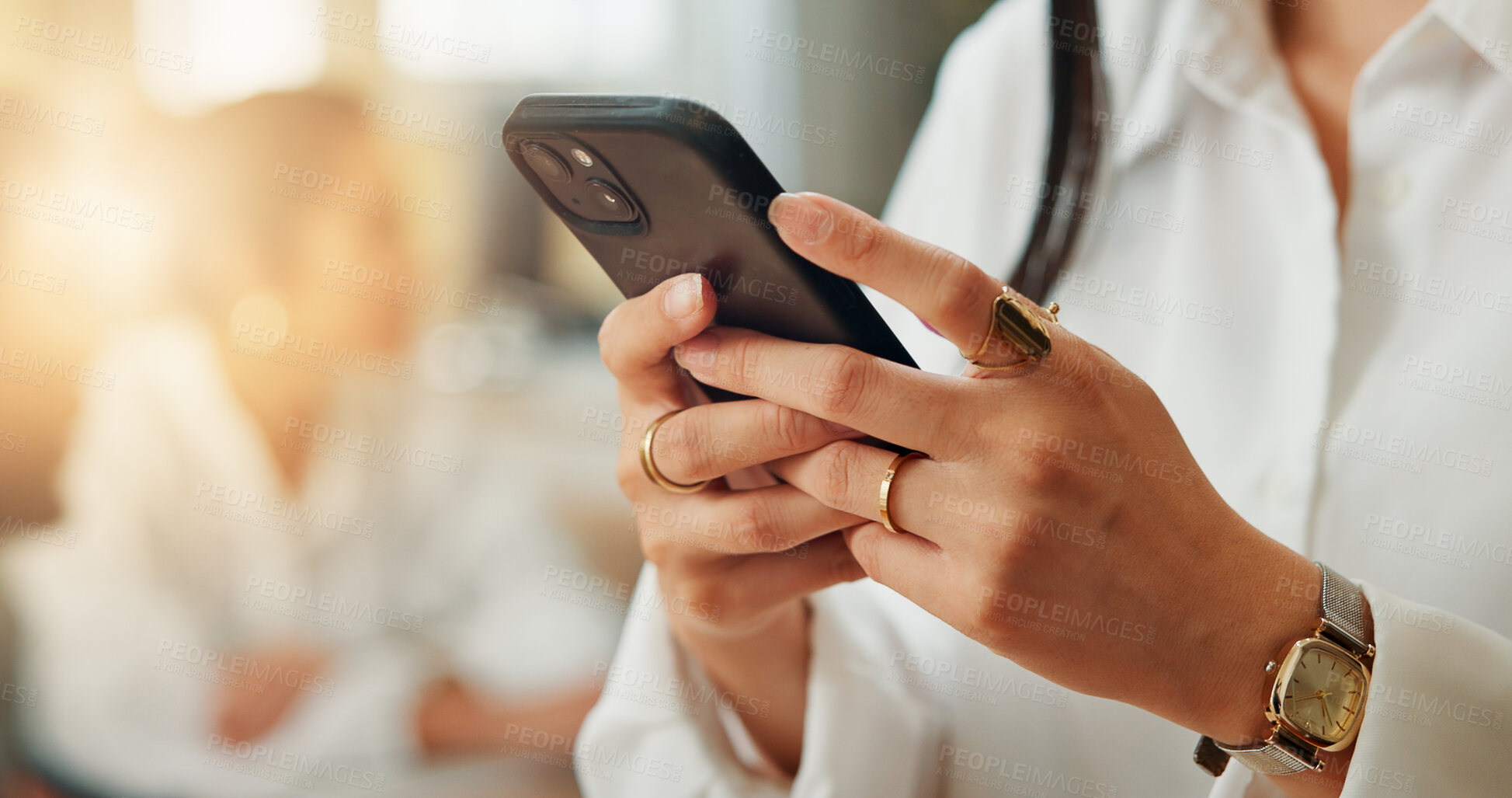 Buy stock photo Accountant, hands or businesswoman in office with phone or notification for economy media or finance report. Closeup, online or financial advisor on mobile app for text message, schedule and update
