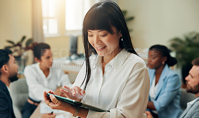 Buy stock photo Meeting, smile or businesswoman in office with tablet for accounting app, economy news or finance report. Web, check or financial advisor with technology for schedule, research or investment growth