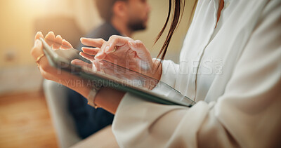 Buy stock photo News, hands or businesswoman in office on tablet for accounting online, economy media or finance report. Closeup, check or financial advisor on touchscreen for schedule, research or investment growth