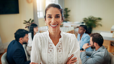 Buy stock photo Portrait, business people and woman with arms crossed, meeting and planning for sales growth. Face, leadership and manager with employees, pride and brainstorming for company culture or mature person