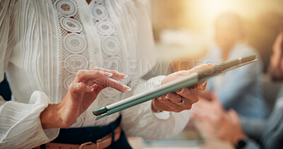 Buy stock photo Office, hands or businesswoman in company on tablet for accounting online, economy media or finance report. Closeup, tech or financial advisor on touchscreen for news, research or investment growth