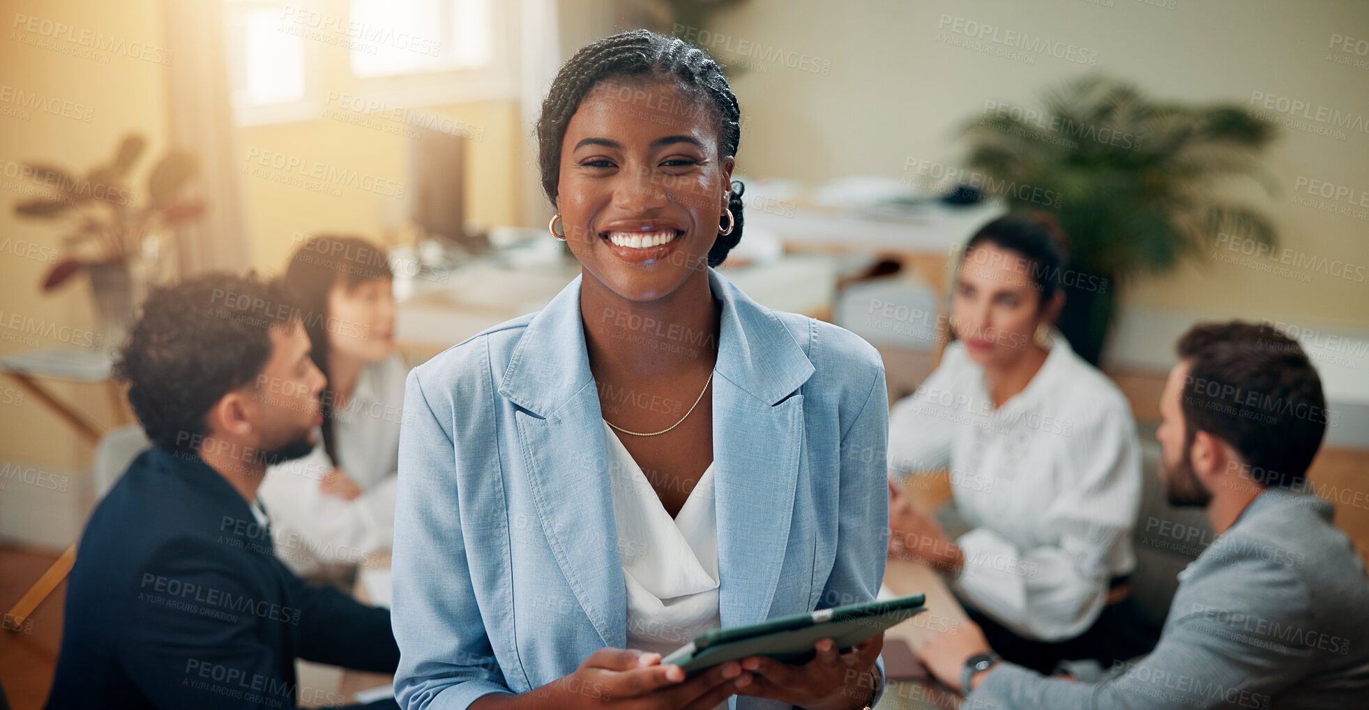 Buy stock photo Portrait, smile or businesswoman in meeting on tablet for accounting news, economy media or finance report. Happy, tech or financial advisor on touchscreen for schedule, research or investment growth