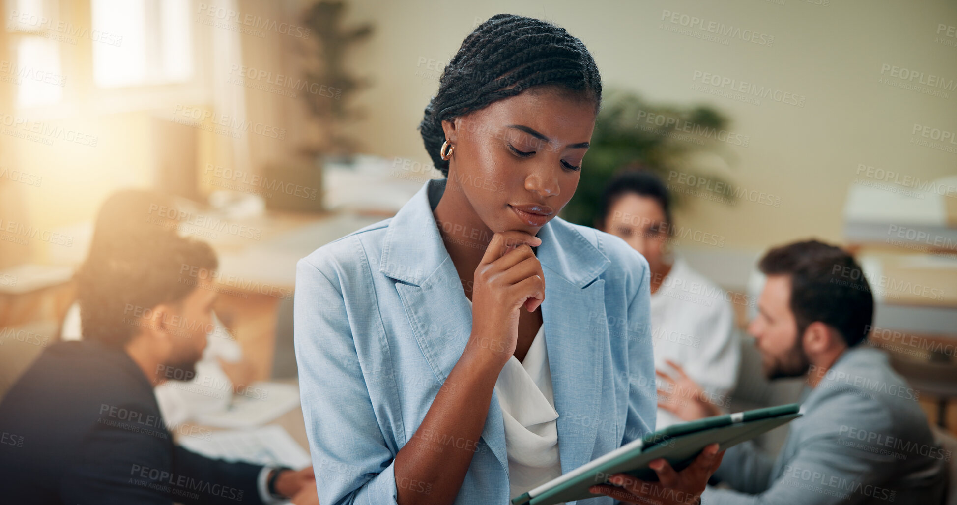 Buy stock photo Thinking, meeting and business woman on tablet for proposal, project review and research on website. Professional, corporate and worker on digital tech for brainstorming ideas, planning and solution